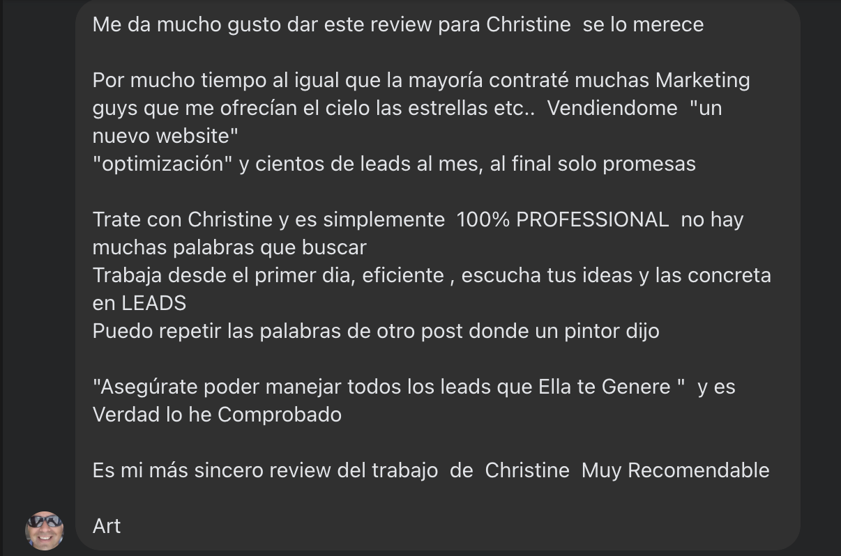 Arturo's original testimonial on Facebook